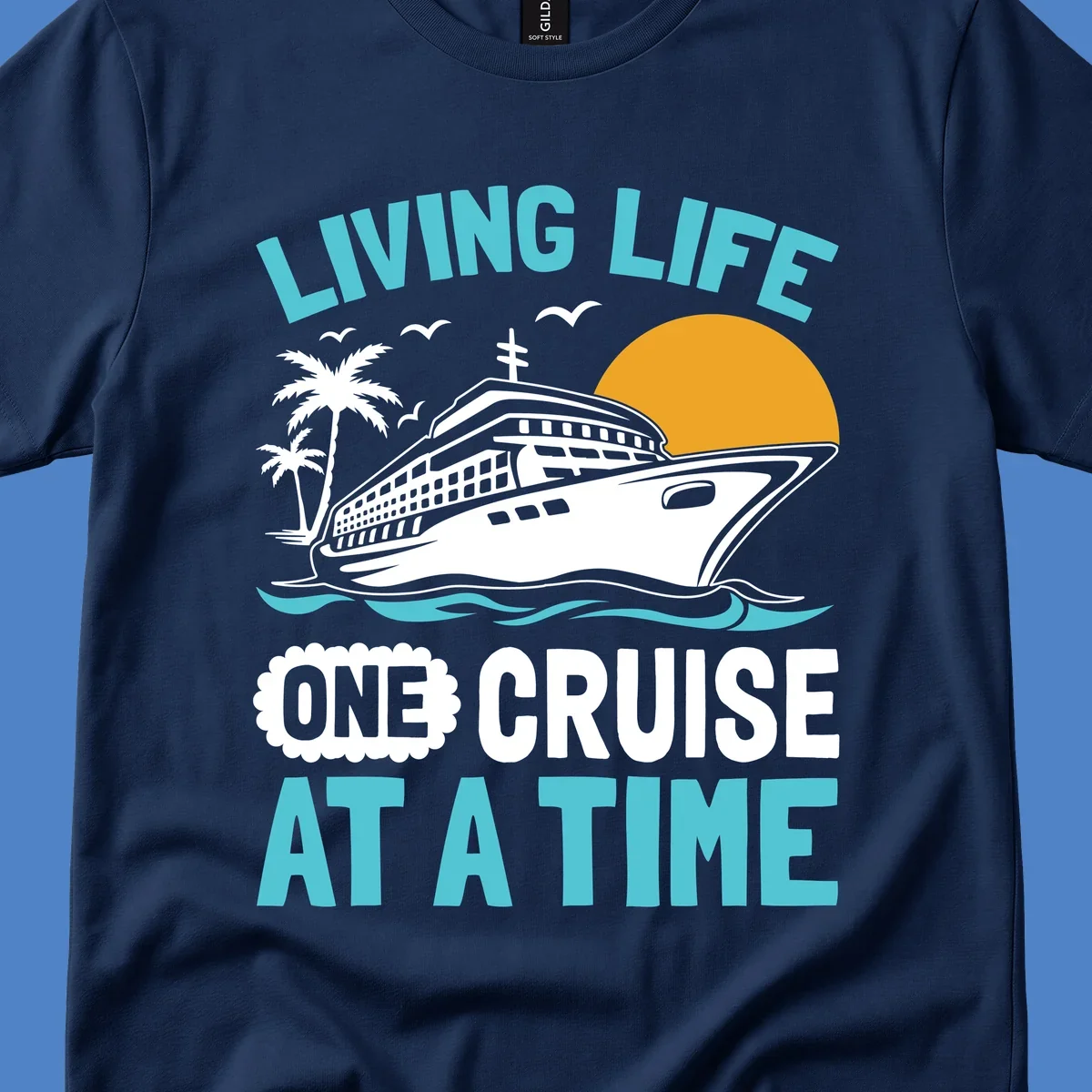 Retro cruise ship illustration with sunset, palm trees, and waves, featuring 'Living Life One Cruise At A Time' text.