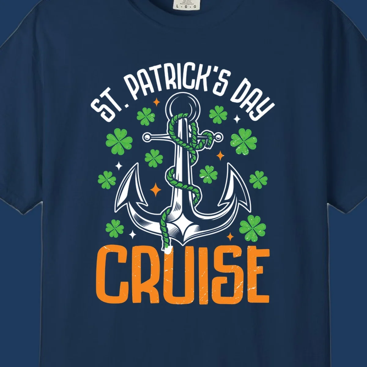 St. Patrick's Day cruise design with white anchor, green snake, four-leaf clovers, and orange text on gray background