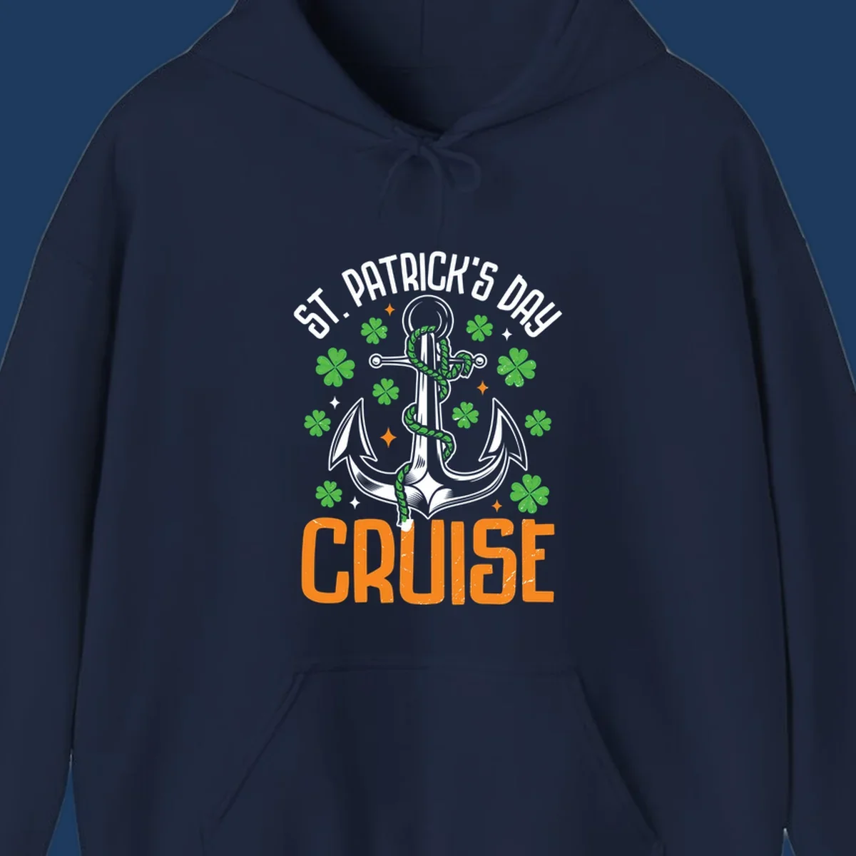 St. Patrick's Day cruise design with white anchor, green snake, four-leaf clovers, and orange text on gray background
