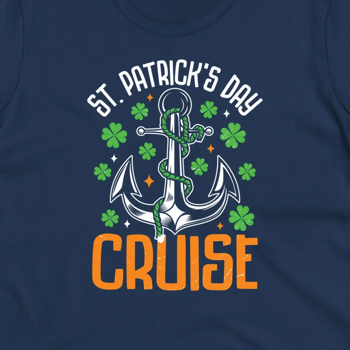 St. Patrick's Day cruise design with white anchor, green snake, four-leaf clovers, and orange text on gray background