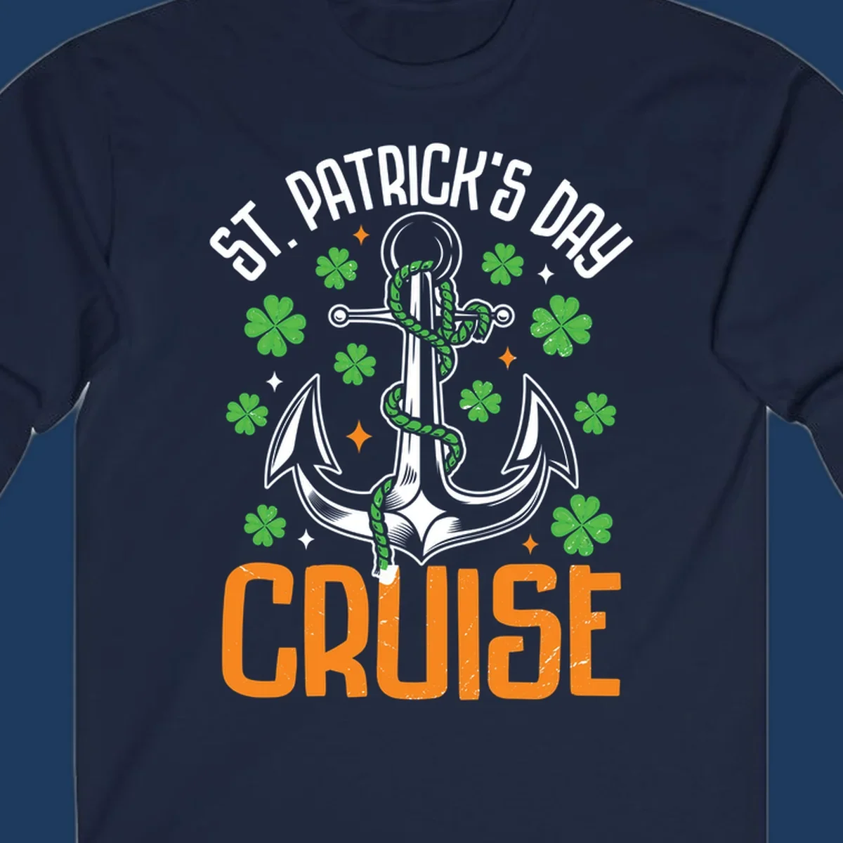 St. Patrick's Day cruise design with white anchor, green snake, four-leaf clovers, and orange text on gray background