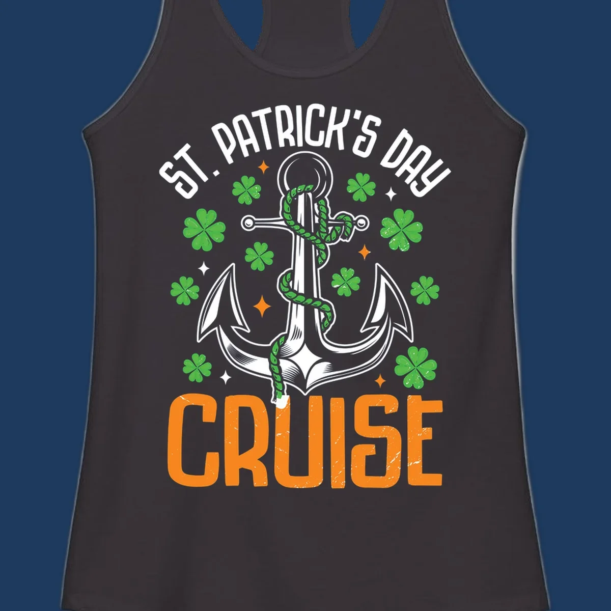 St. Patrick's Day cruise design with white anchor, green snake, four-leaf clovers, and orange text on gray background