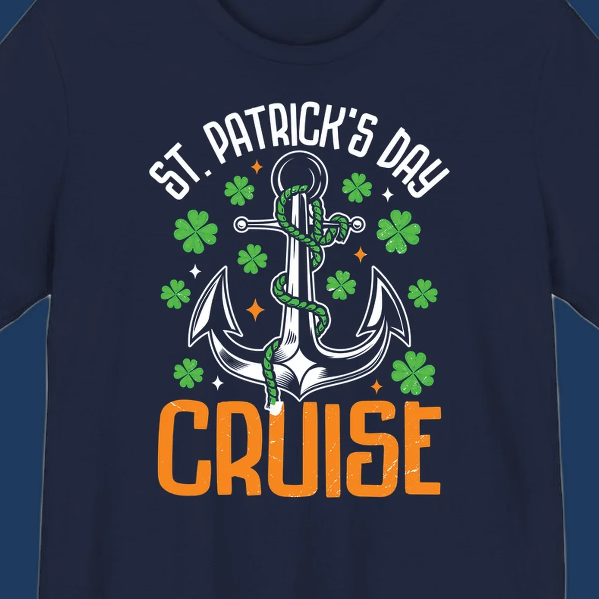 St. Patrick's Day cruise design with white anchor, green snake, four-leaf clovers, and orange text on gray background