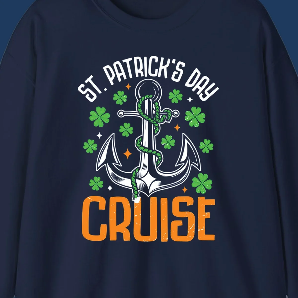 St. Patrick's Day cruise design with white anchor, green snake, four-leaf clovers, and orange text on gray background