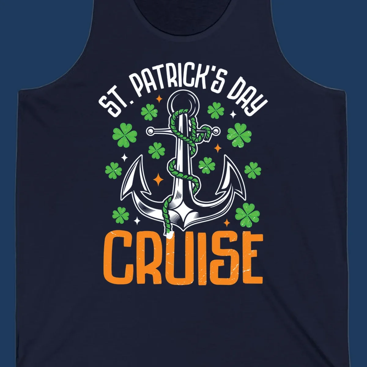 St. Patrick's Day cruise design with white anchor, green snake, four-leaf clovers, and orange text on gray background