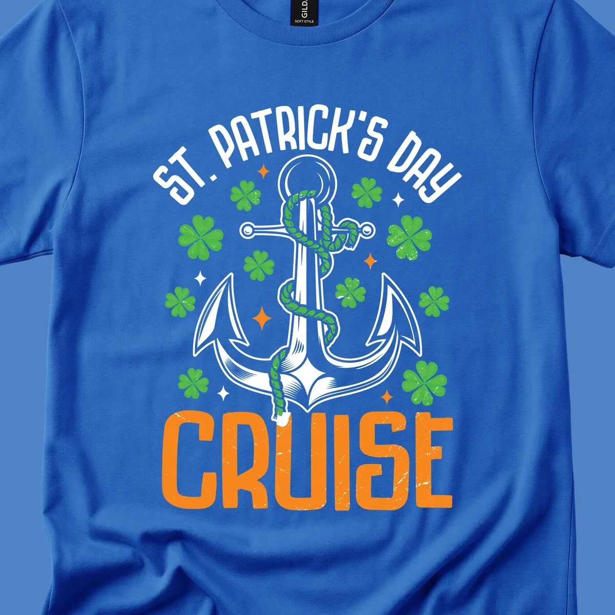St. Patrick's Day cruise design with white anchor, green snake, four-leaf clovers, and orange text on gray background
