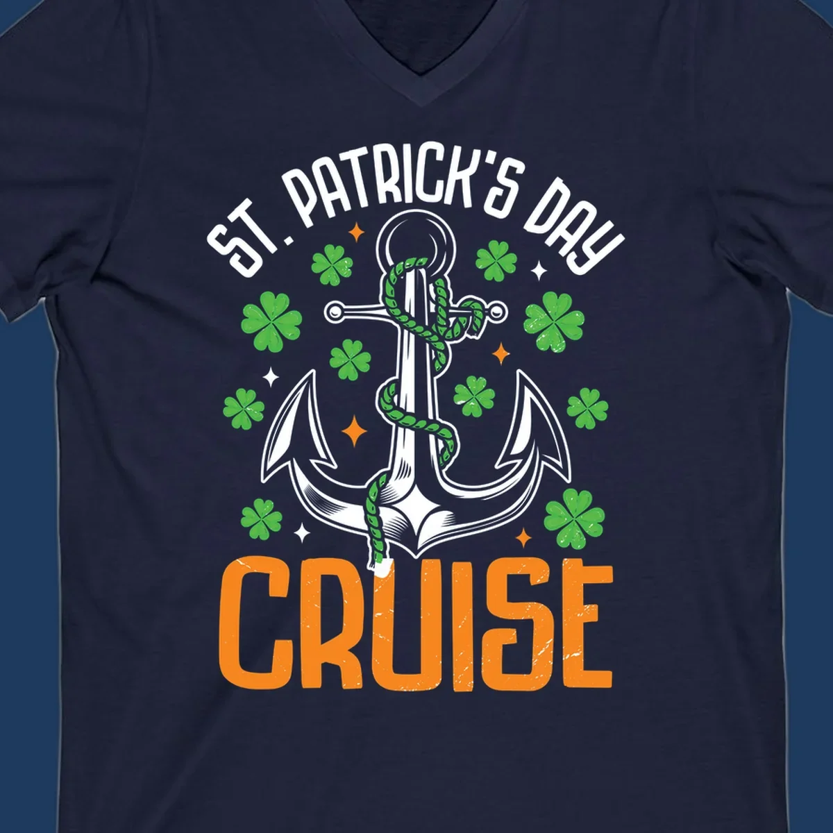 St. Patrick's Day cruise design with white anchor, green snake, four-leaf clovers, and orange text on gray background