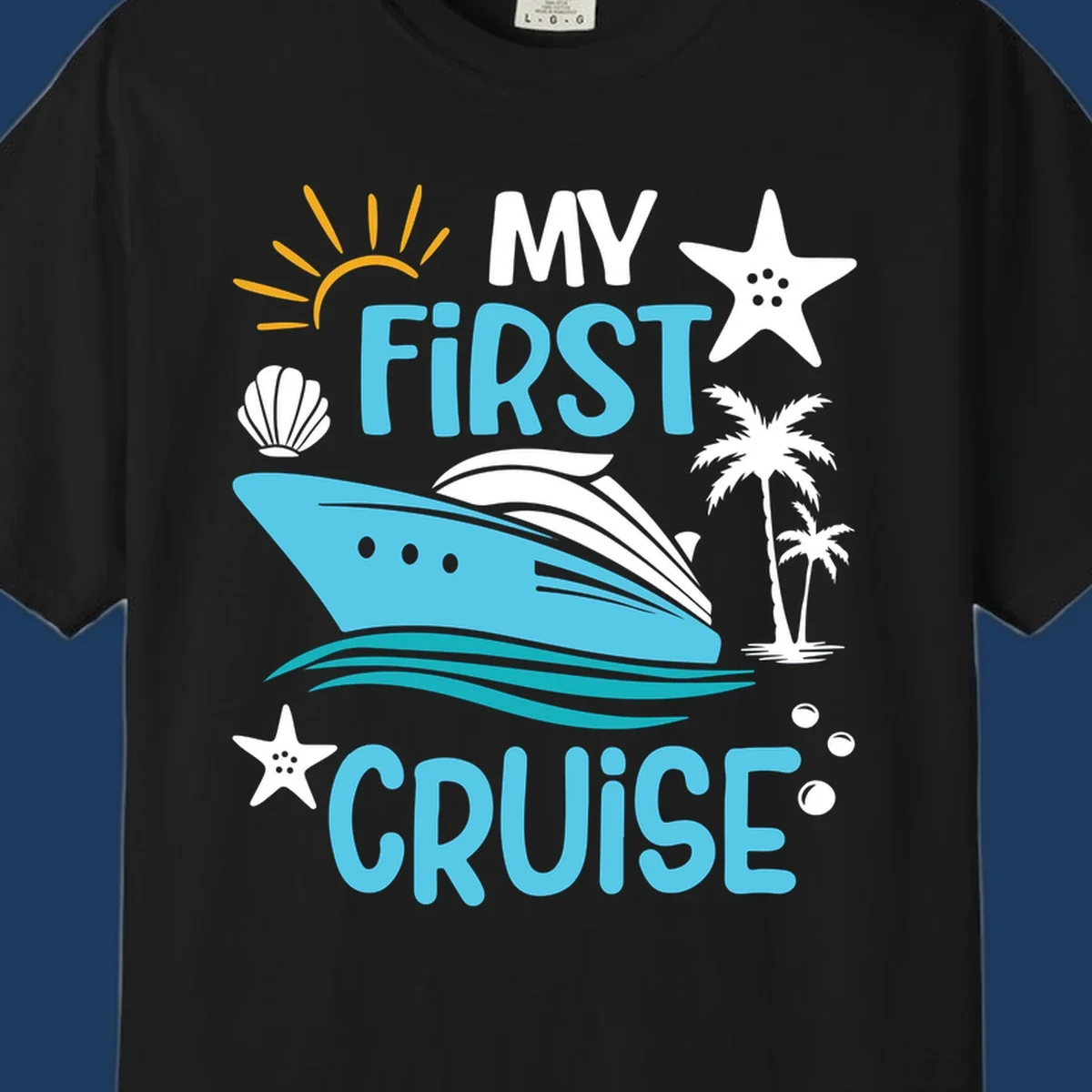 Colorful nautical design with cruise ship, palm trees, starfish, sun and waves illustrating 'My First Cruise' concept