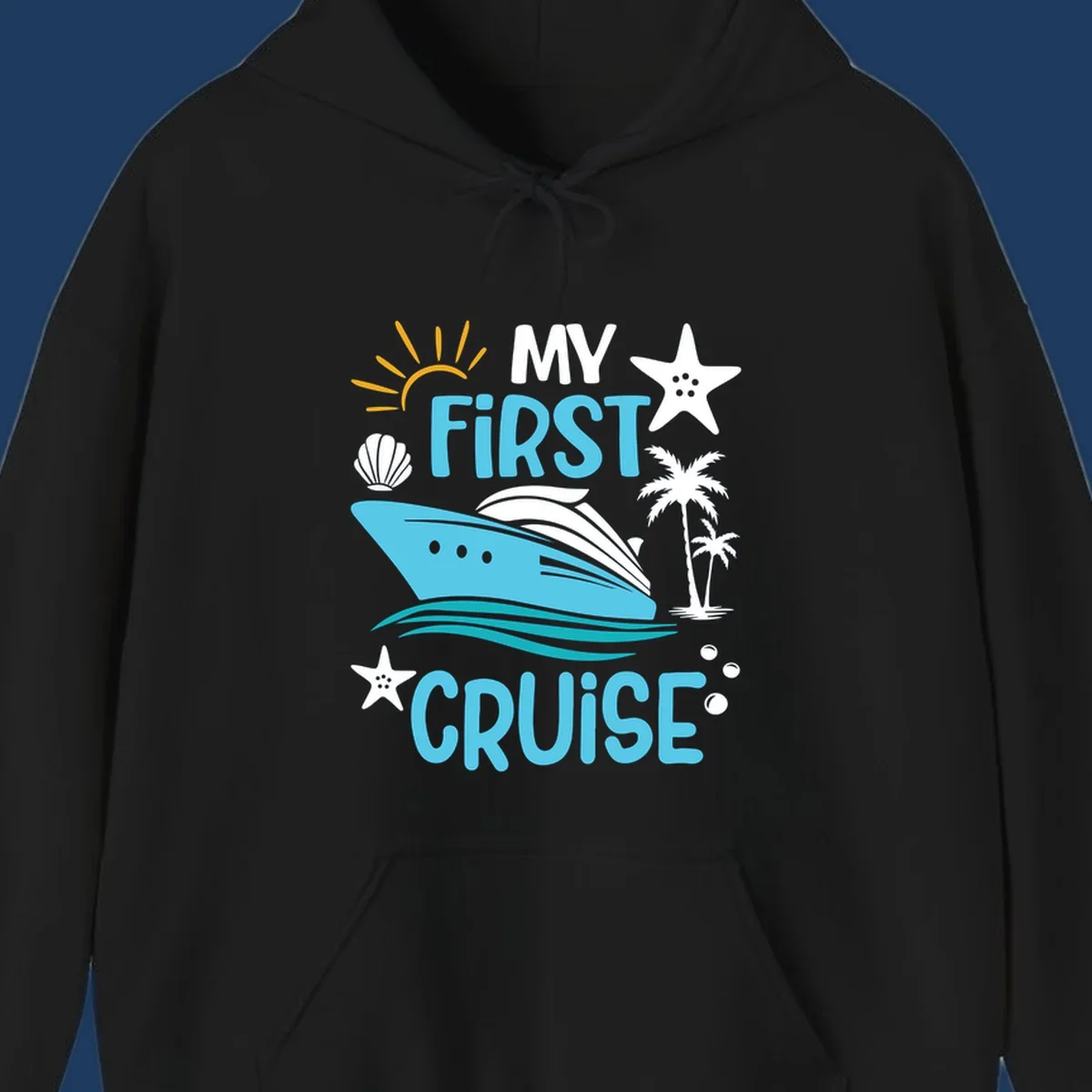 Colorful nautical design with cruise ship, palm trees, starfish, sun and waves illustrating 'My First Cruise' concept