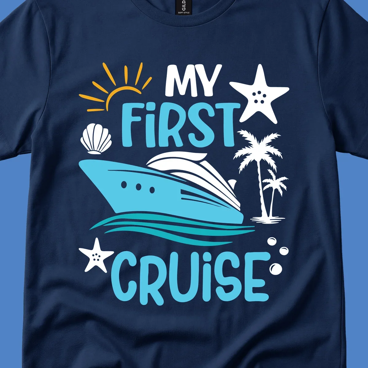 Colorful nautical design with cruise ship, palm trees, starfish, sun and waves illustrating 'My First Cruise' concept