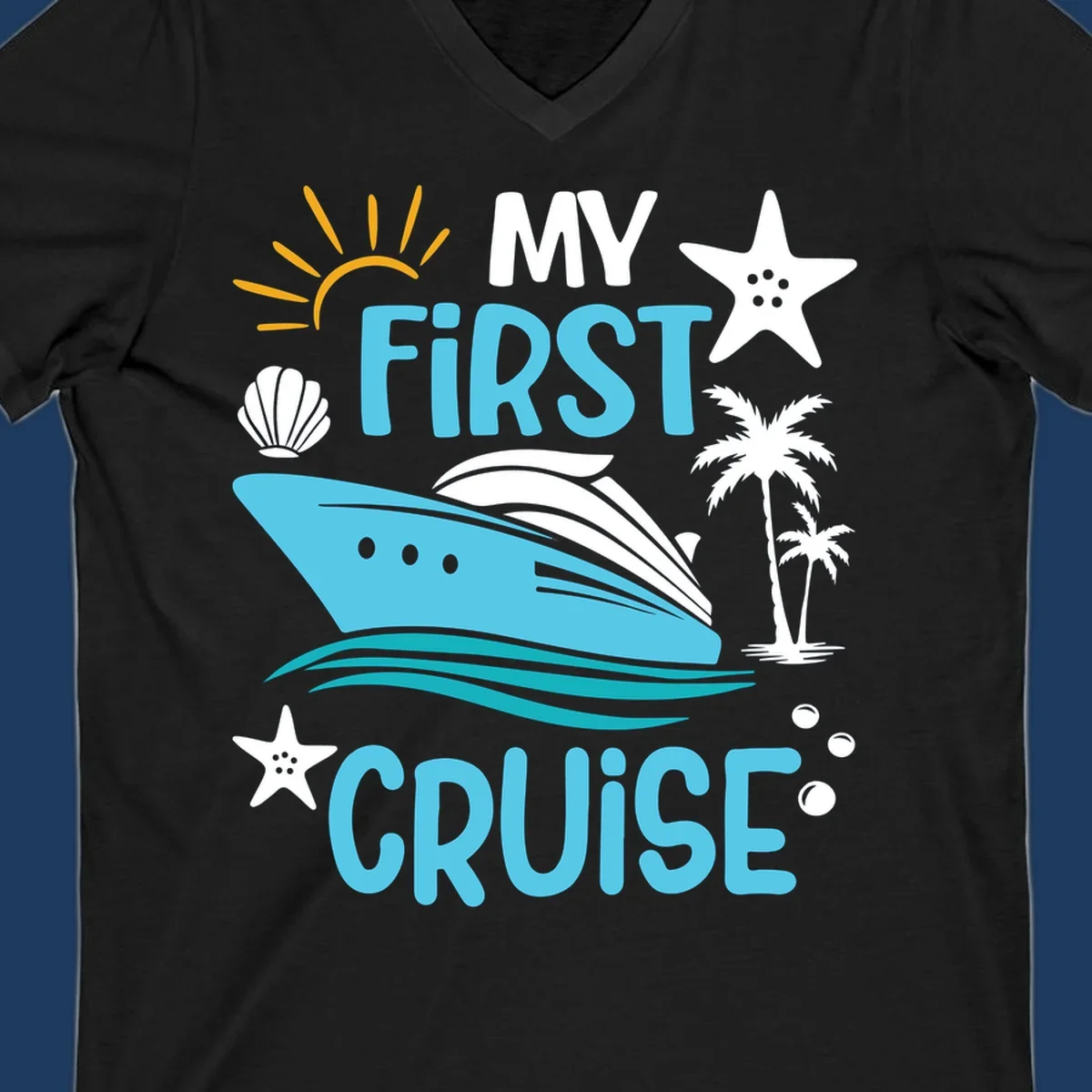 Colorful nautical design with cruise ship, palm trees, starfish, sun and waves illustrating 'My First Cruise' concept