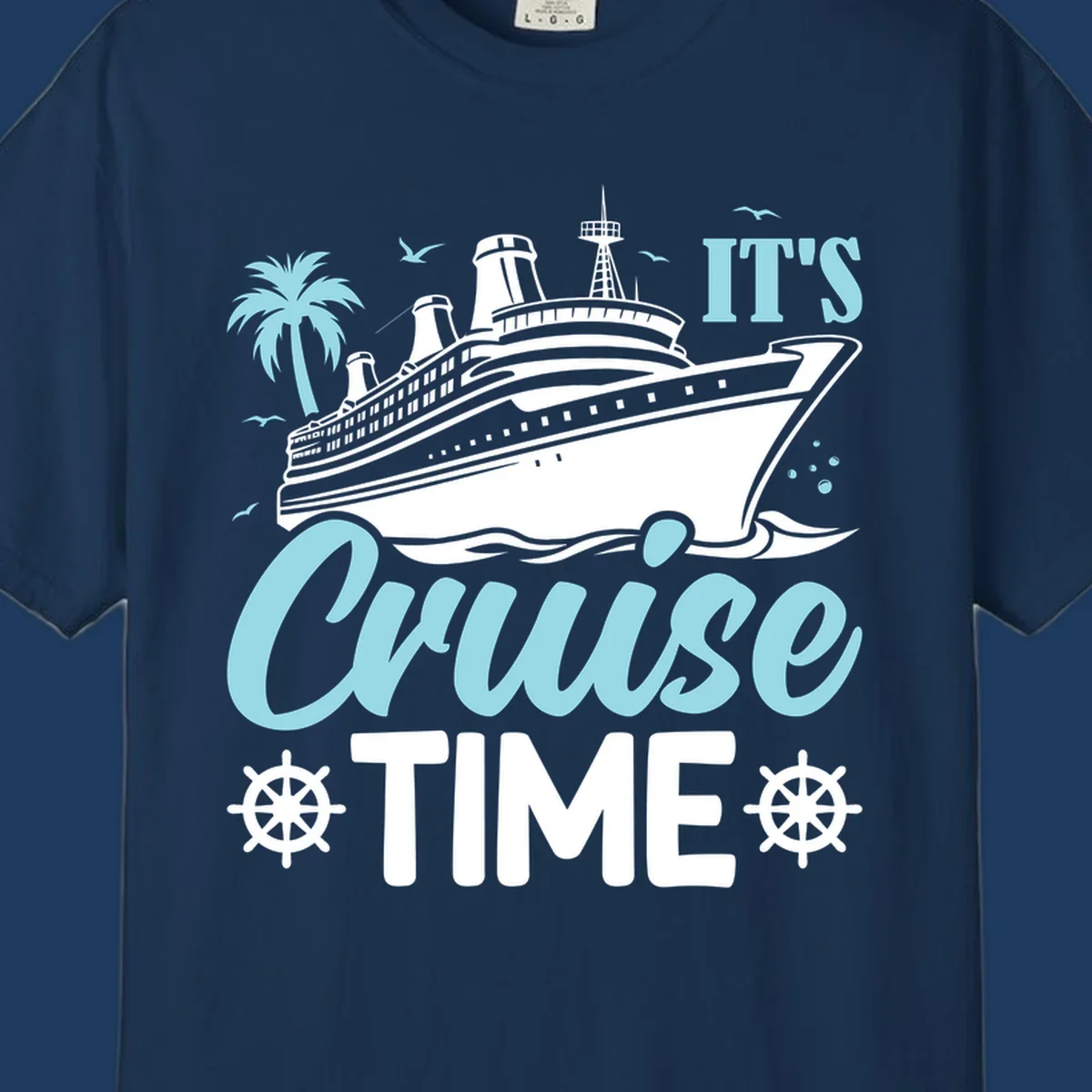 Cruise ship illustration with palm tree, ship wheels, and 'It's Cruise Time' text in light blue and white on gray background