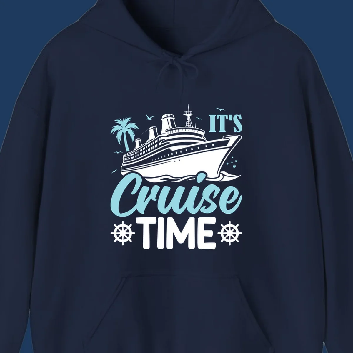 Cruise ship illustration with palm tree, ship wheels, and 'It's Cruise Time' text in light blue and white on gray background