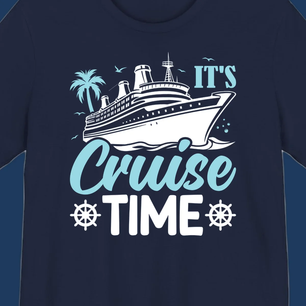 Cruise ship illustration with palm tree, ship wheels, and 'It's Cruise Time' text in light blue and white on gray background