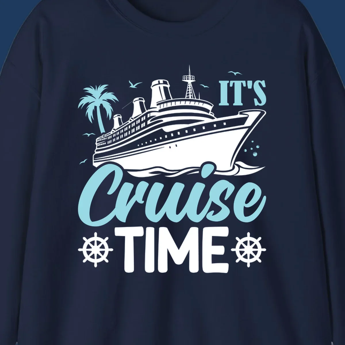 Cruise ship illustration with palm tree, ship wheels, and 'It's Cruise Time' text in light blue and white on gray background