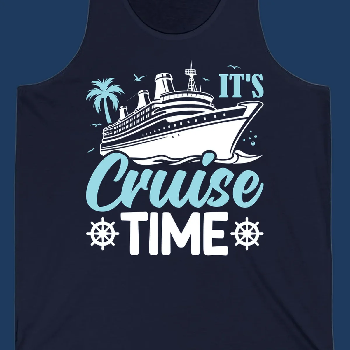 Cruise ship illustration with palm tree, ship wheels, and 'It's Cruise Time' text in light blue and white on gray background