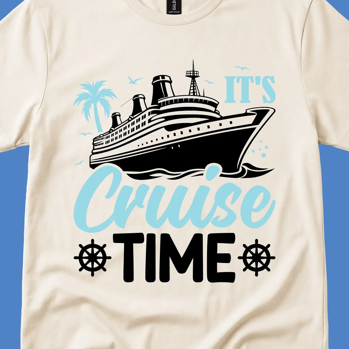 Cruise ship illustration with palm tree, ship wheels, and 'It's Cruise Time' text in light blue and white on gray background