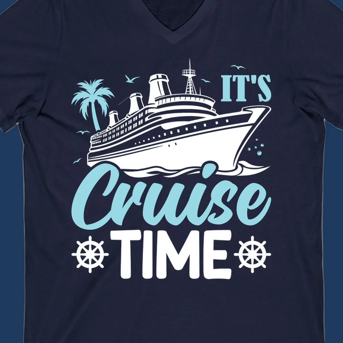 Cruise ship illustration with palm tree, ship wheels, and 'It's Cruise Time' text in light blue and white on gray background