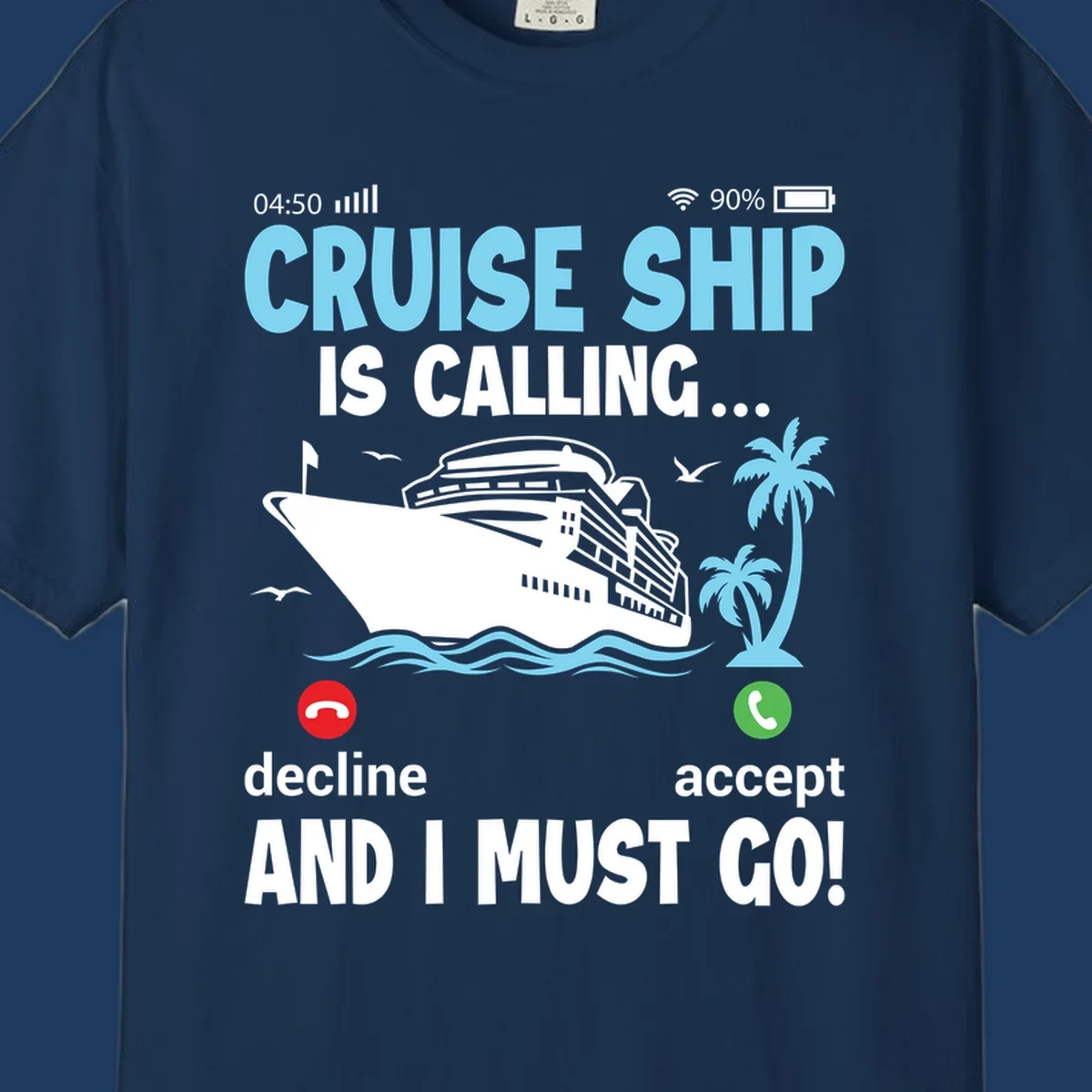 Phone screen showing incoming cruise ship call with decline and accept buttons, tropical ocean scene with palm trees