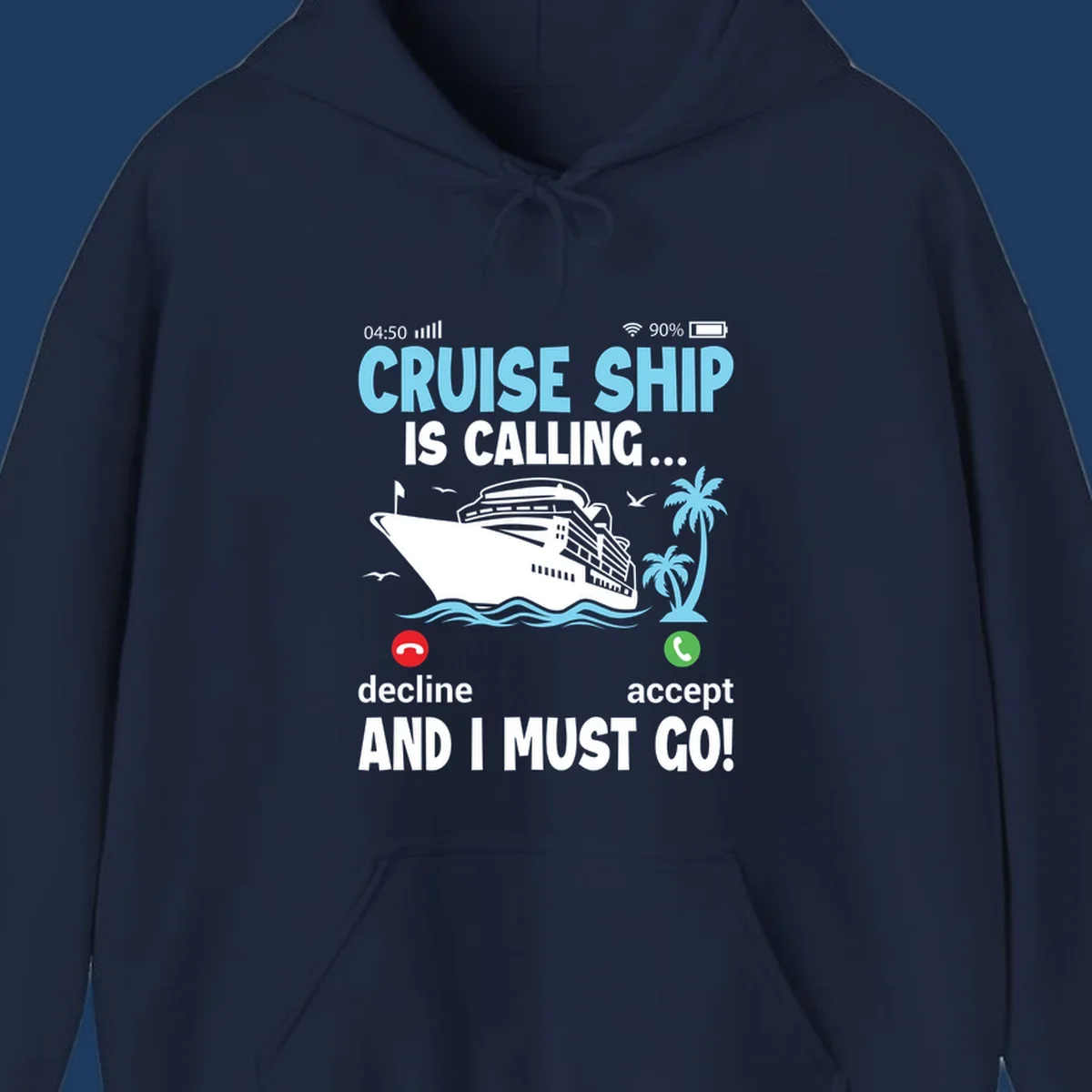 Phone screen showing incoming cruise ship call with decline and accept buttons, tropical ocean scene with palm trees