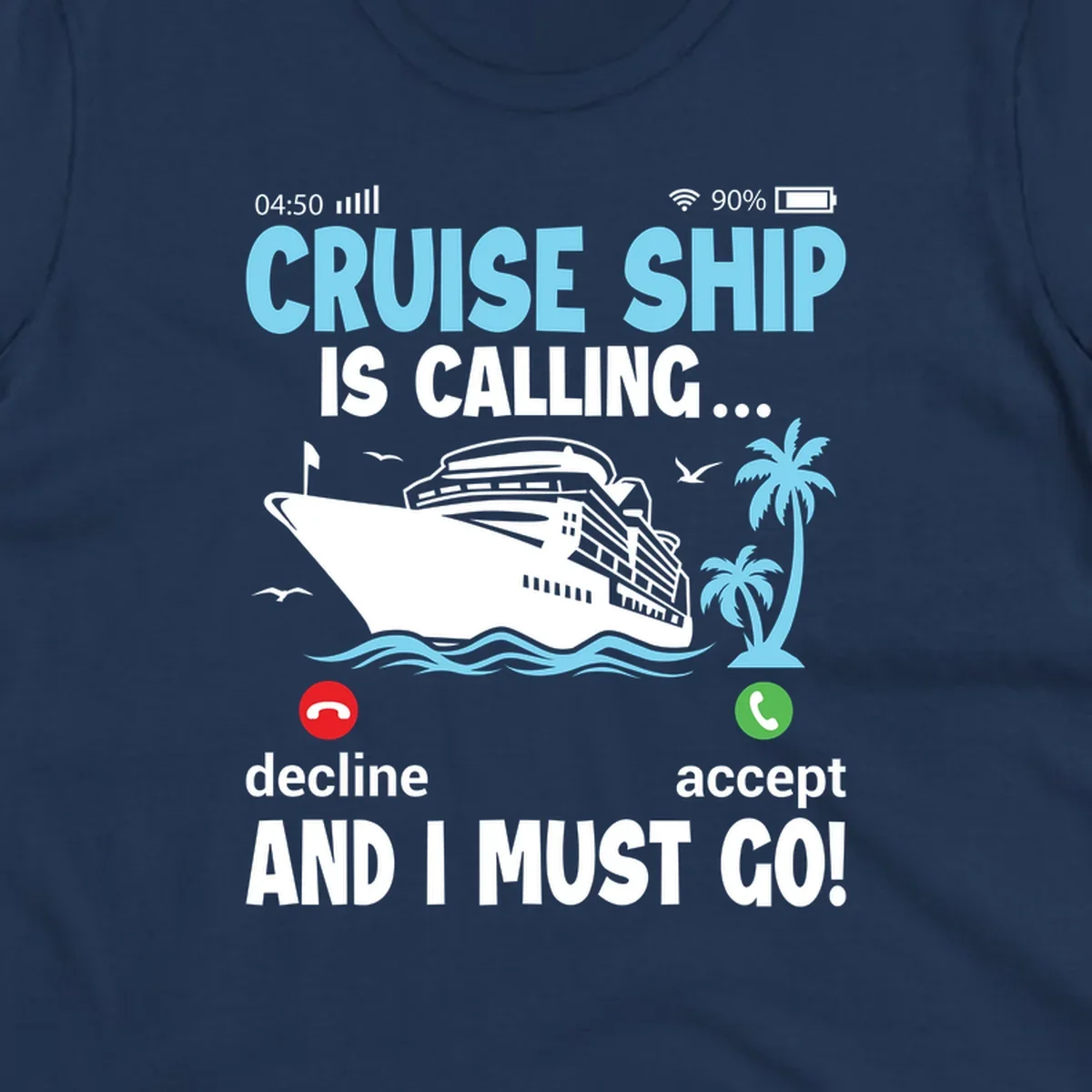 Phone screen showing incoming cruise ship call with decline and accept buttons, tropical ocean scene with palm trees