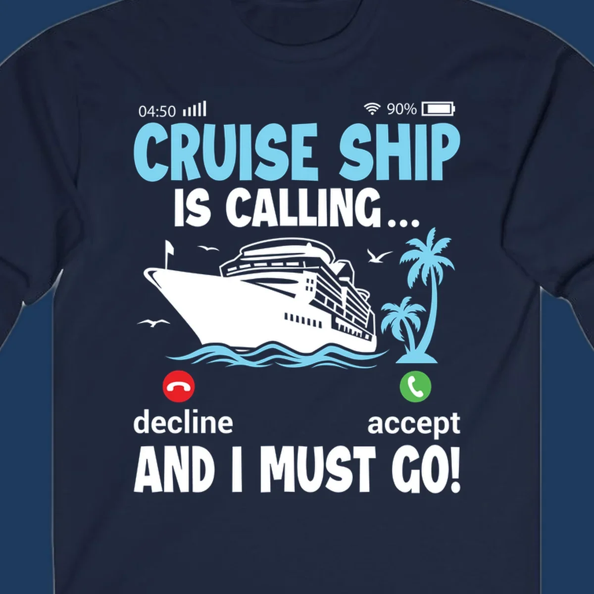 Phone screen showing incoming cruise ship call with decline and accept buttons, tropical ocean scene with palm trees