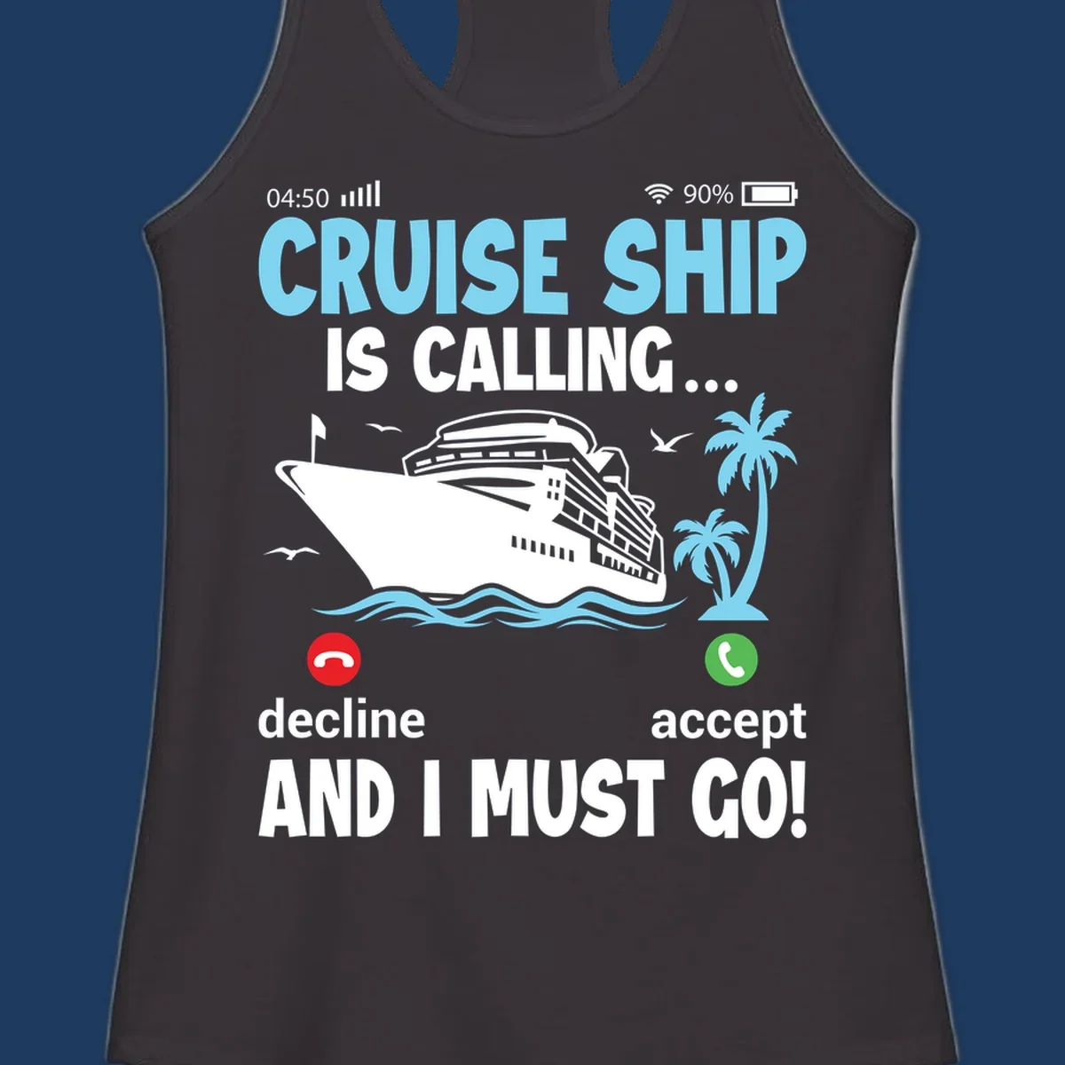 Phone screen showing incoming cruise ship call with decline and accept buttons, tropical ocean scene with palm trees
