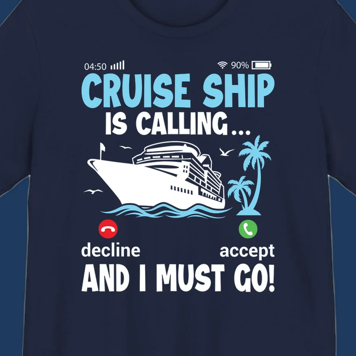 Phone screen showing incoming cruise ship call with decline and accept buttons, tropical ocean scene with palm trees