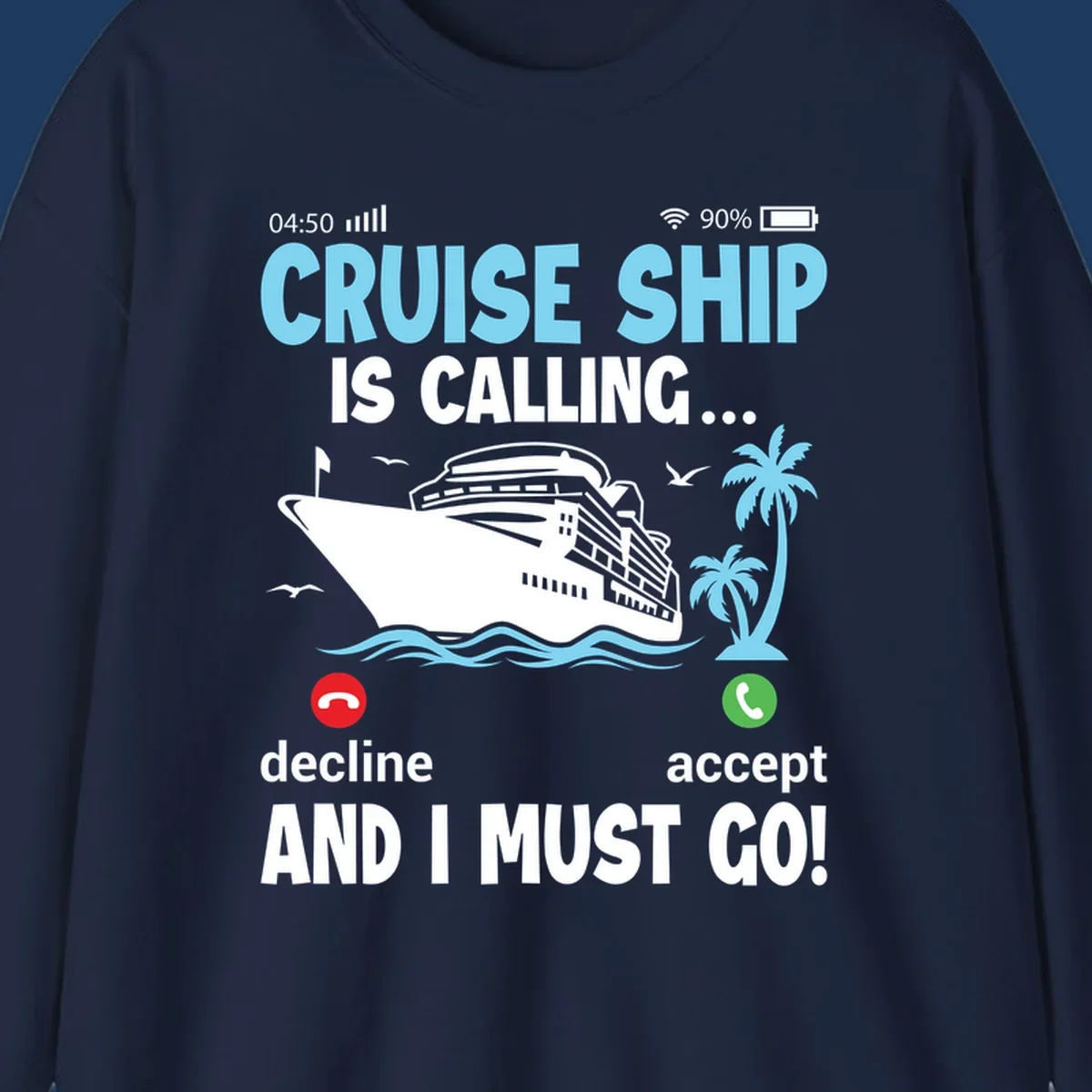 Phone screen showing incoming cruise ship call with decline and accept buttons, tropical ocean scene with palm trees