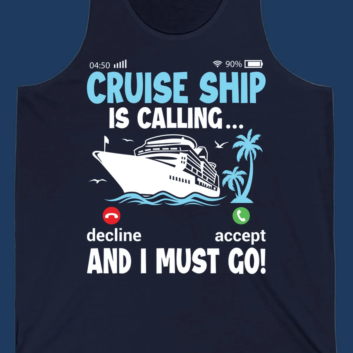 Phone screen showing incoming cruise ship call with decline and accept buttons, tropical ocean scene with palm trees