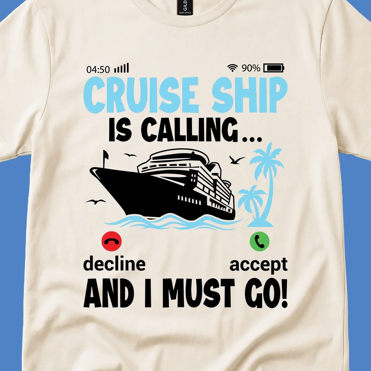 Phone screen showing incoming cruise ship call with decline and accept buttons, tropical ocean scene with palm trees