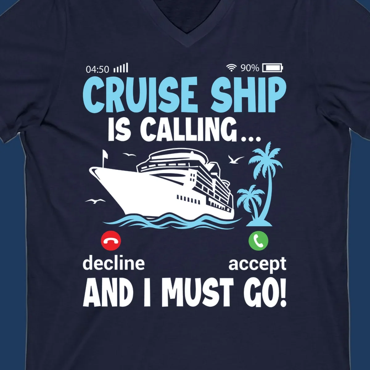 Phone screen showing incoming cruise ship call with decline and accept buttons, tropical ocean scene with palm trees