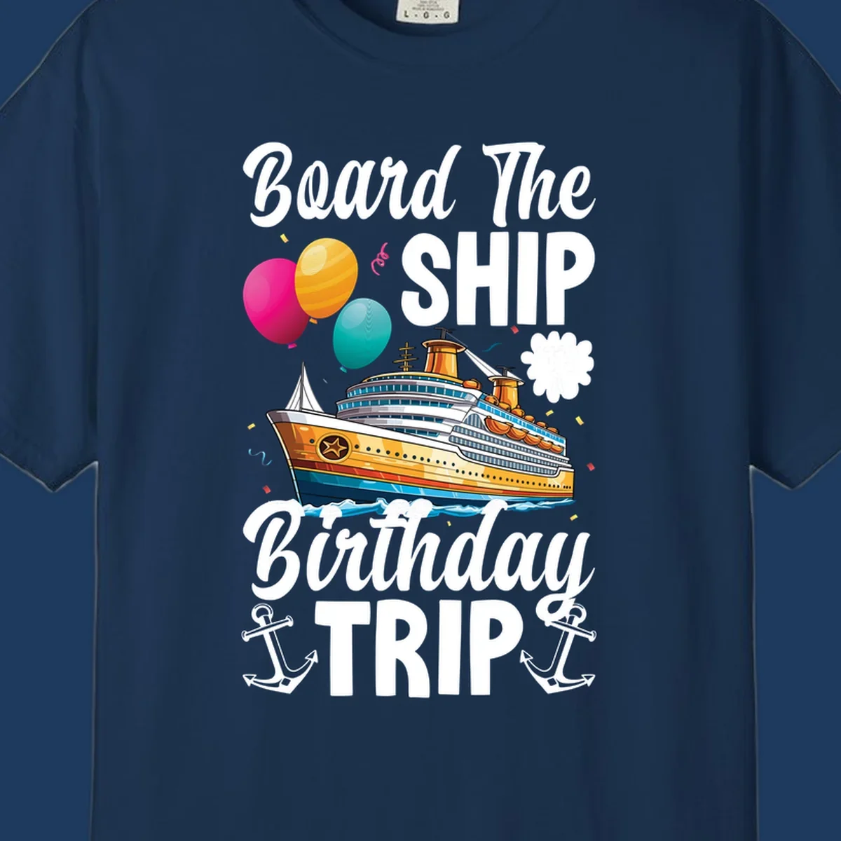 Colorful cruise ship illustration with balloons, confetti, and anchors for board the ship birthday trip design