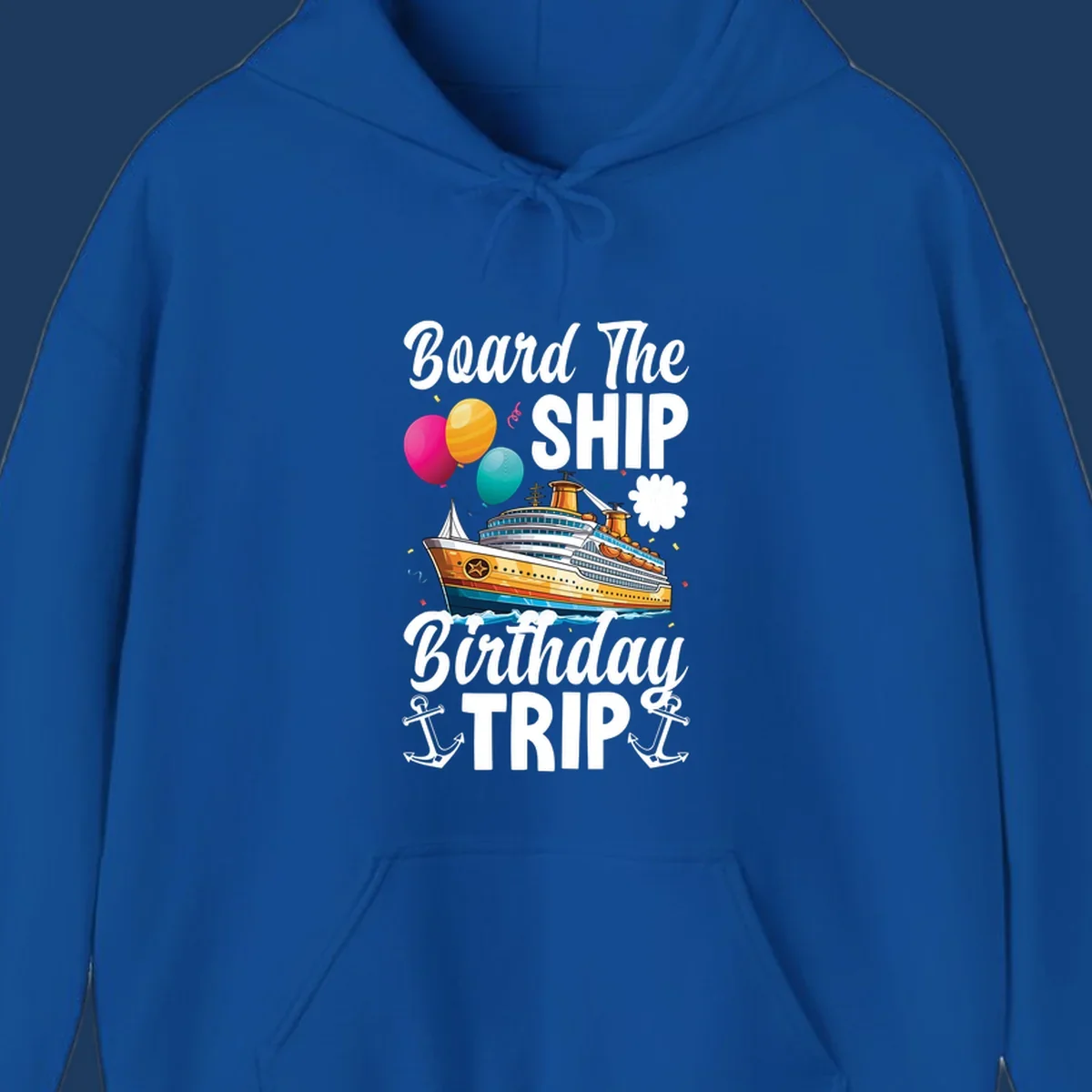 Colorful cruise ship illustration with balloons, confetti, and anchors for board the ship birthday trip design