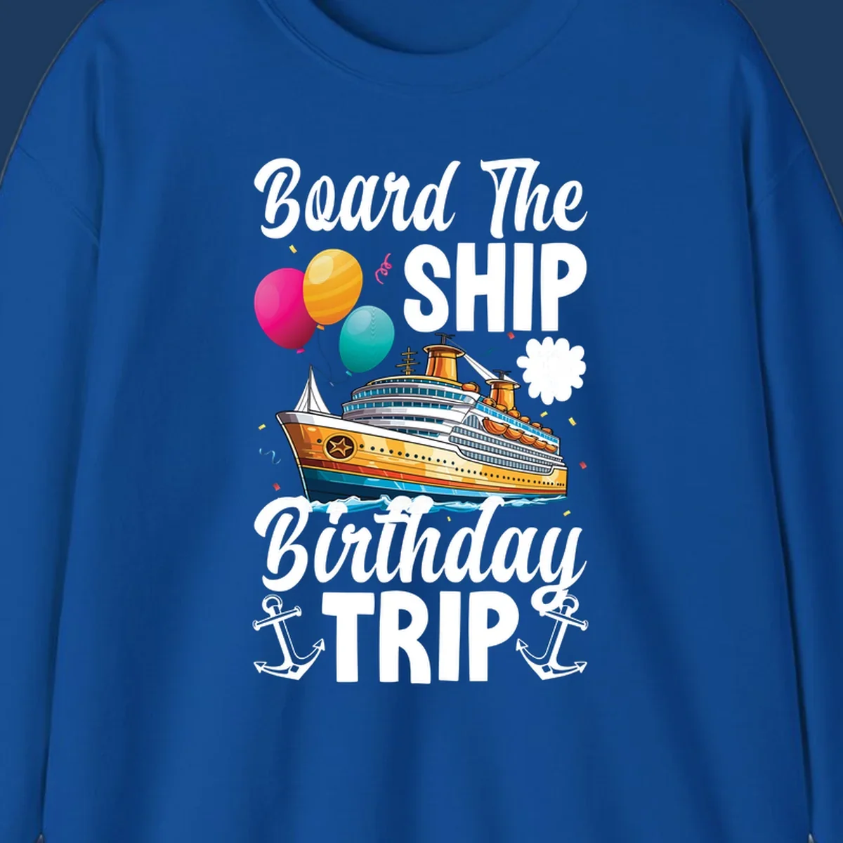 Colorful cruise ship illustration with balloons, confetti, and anchors for board the ship birthday trip design