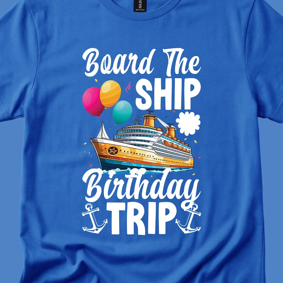 Colorful cruise ship illustration with balloons, confetti, and anchors for board the ship birthday trip design