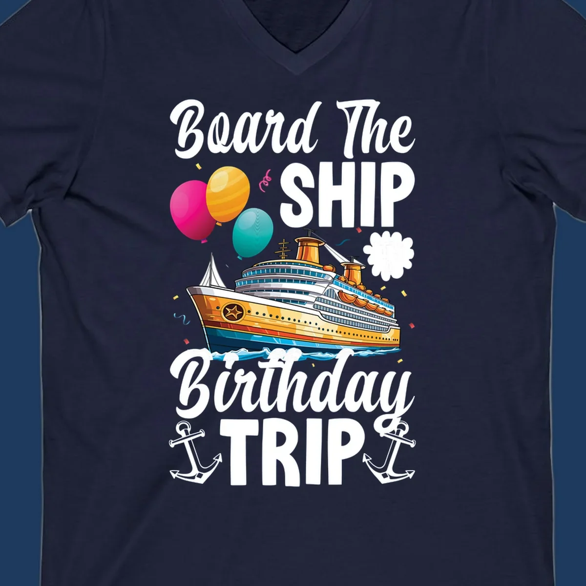 Colorful cruise ship illustration with balloons, confetti, and anchors for board the ship birthday trip design