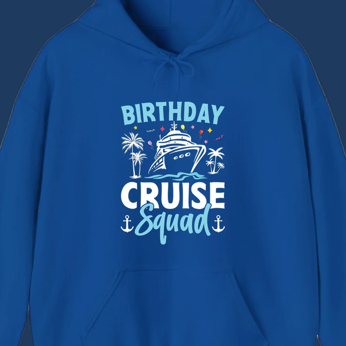 Birthday cruise squad design with ship, palm trees, balloons, stars, and nautical elements on gray background