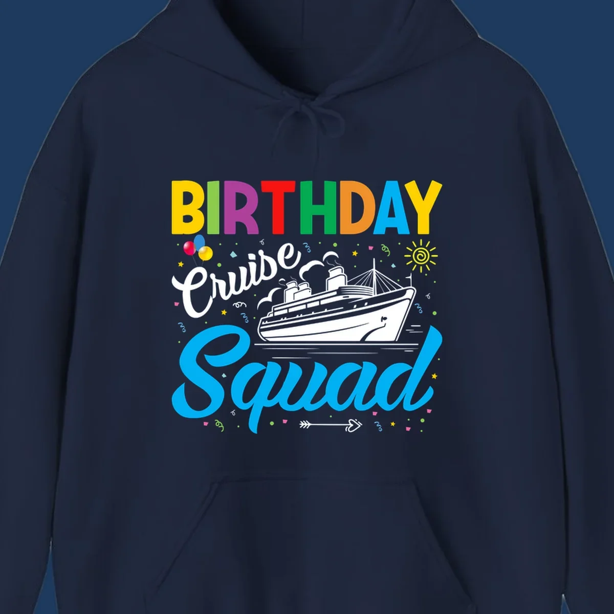 Colorful birthday cruise squad design with cruise ship, balloons, sun, and celebratory elements on gray background