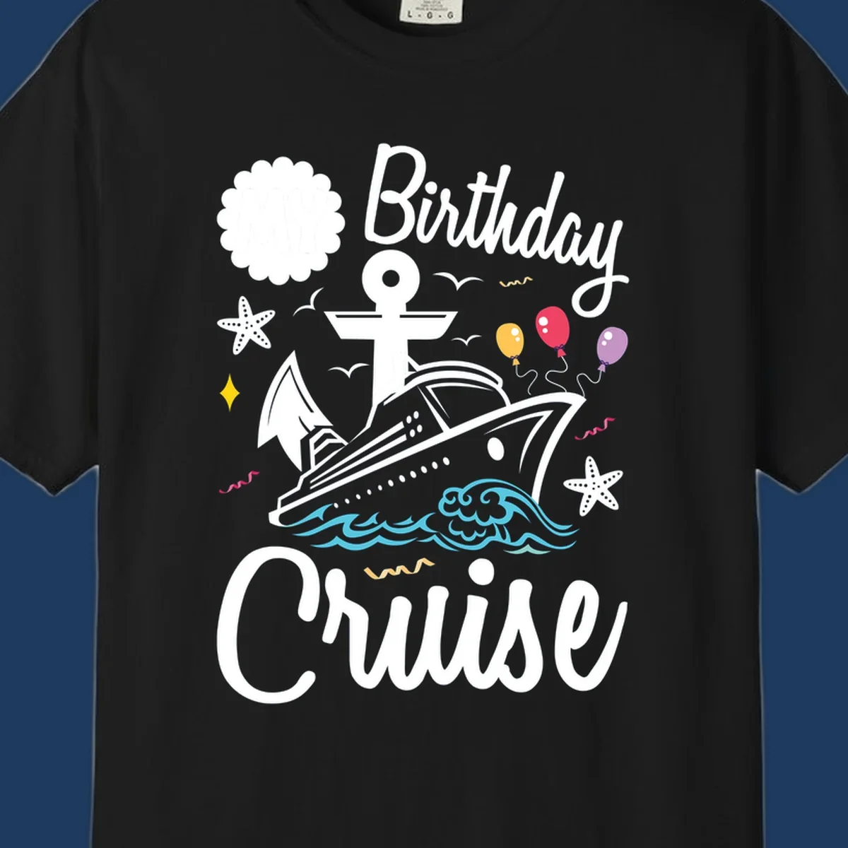 Nautical birthday cruise illustration with ship, anchor, waves, balloons, and starfish on gray background