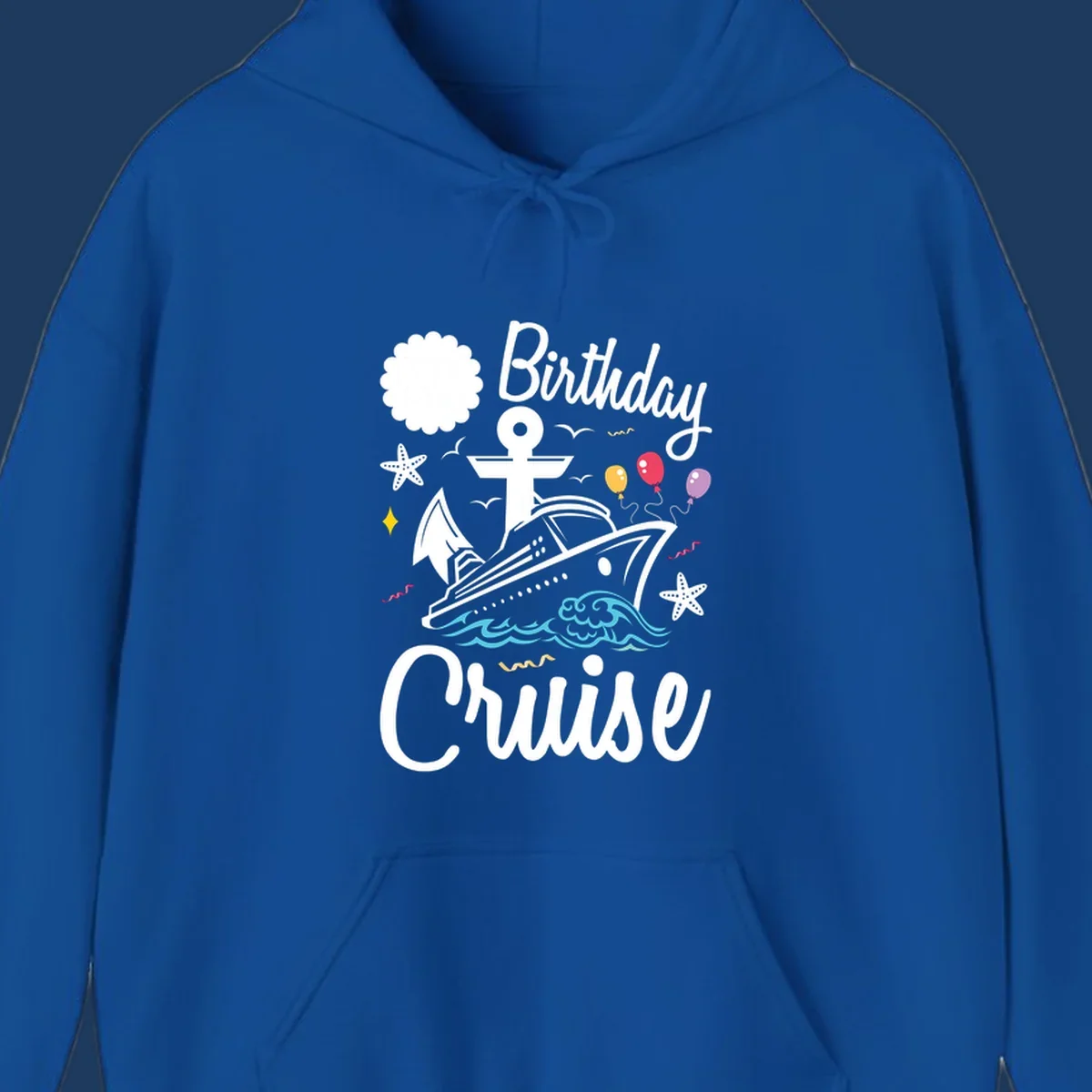 Nautical birthday cruise illustration with ship, anchor, waves, balloons, and starfish on gray background