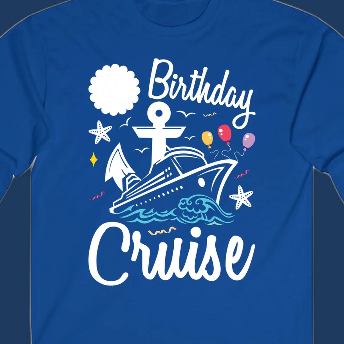 Nautical birthday cruise illustration with ship, anchor, waves, balloons, and starfish on gray background