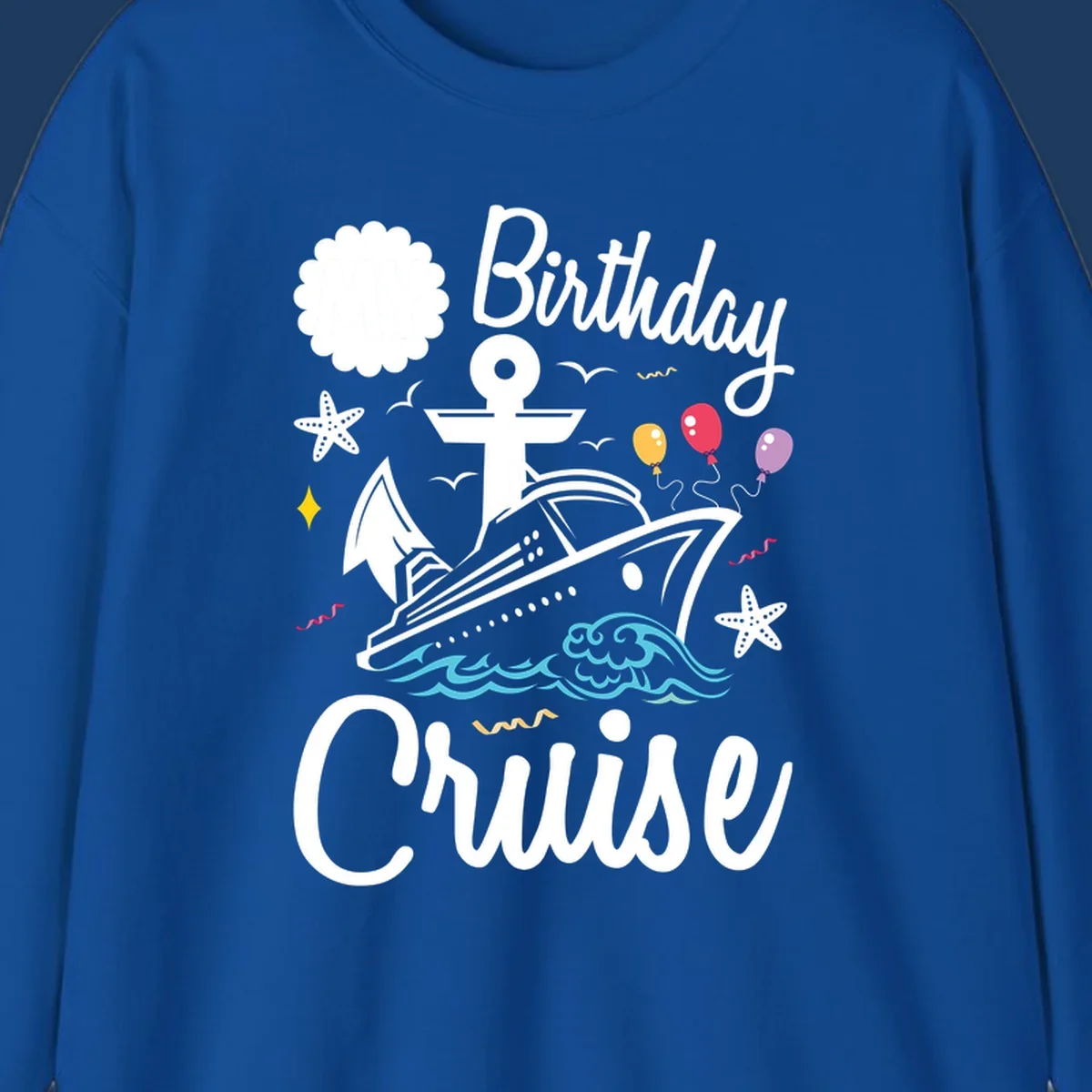 Nautical birthday cruise illustration with ship, anchor, waves, balloons, and starfish on gray background
