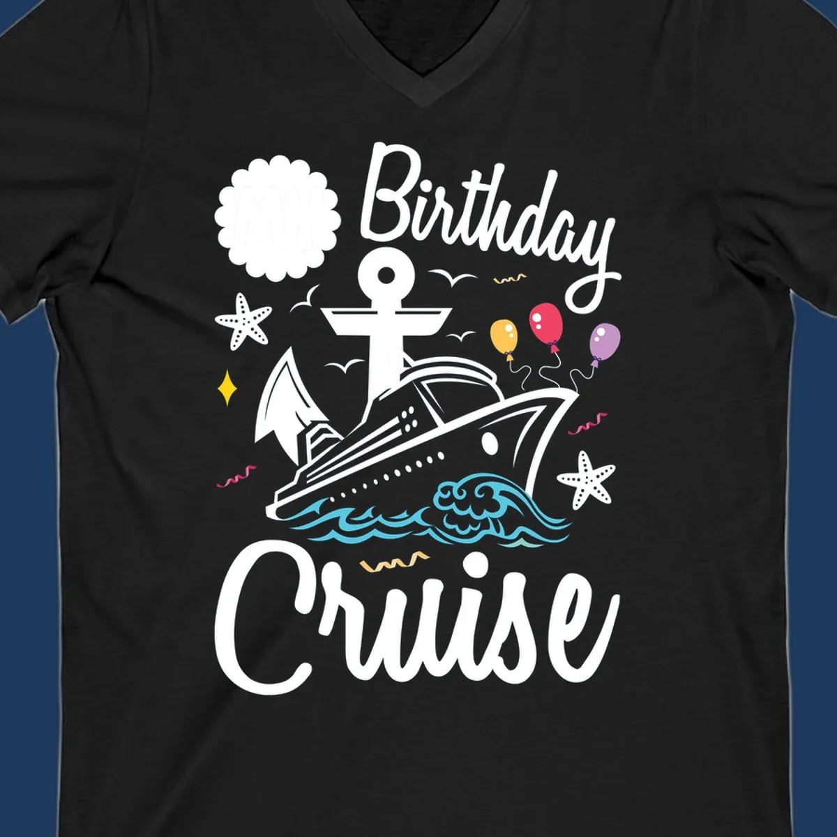 Nautical birthday cruise illustration with ship, anchor, waves, balloons, and starfish on gray background
