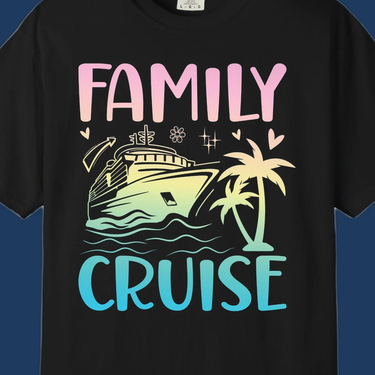Family cruise vacation design with colorful gradient cruise ship, palm trees, ocean waves, hearts and sparkles illustration