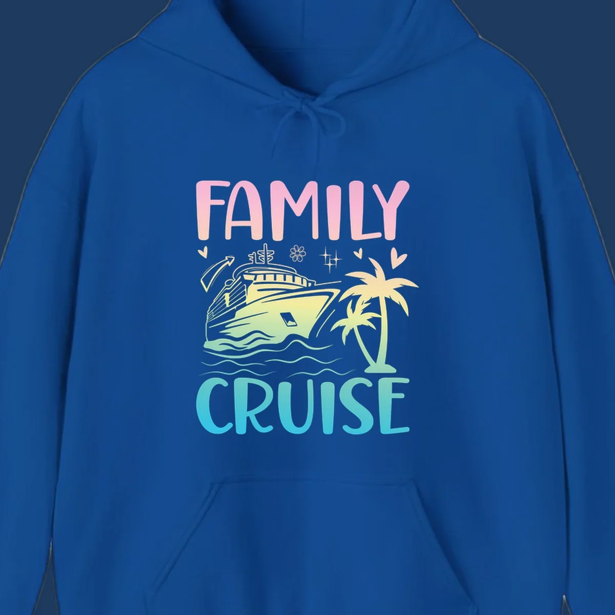 Family cruise vacation design with colorful gradient cruise ship, palm trees, ocean waves, hearts and sparkles illustration