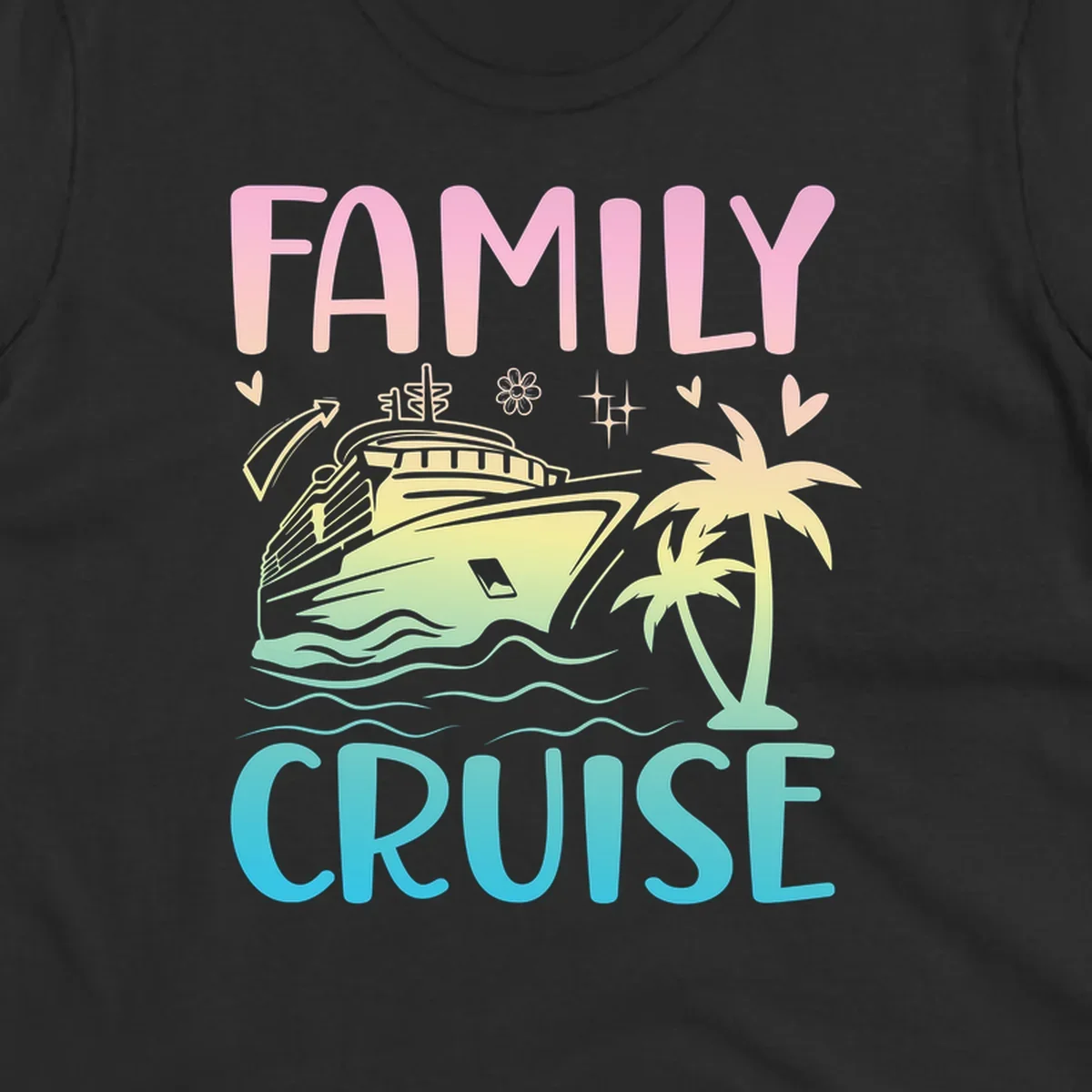 Family cruise vacation design with colorful gradient cruise ship, palm trees, ocean waves, hearts and sparkles illustration