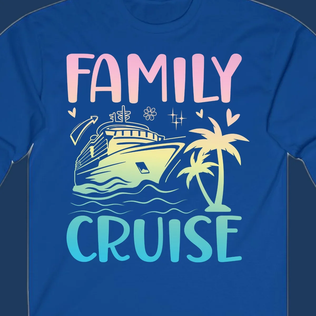 Family cruise vacation design with colorful gradient cruise ship, palm trees, ocean waves, hearts and sparkles illustration