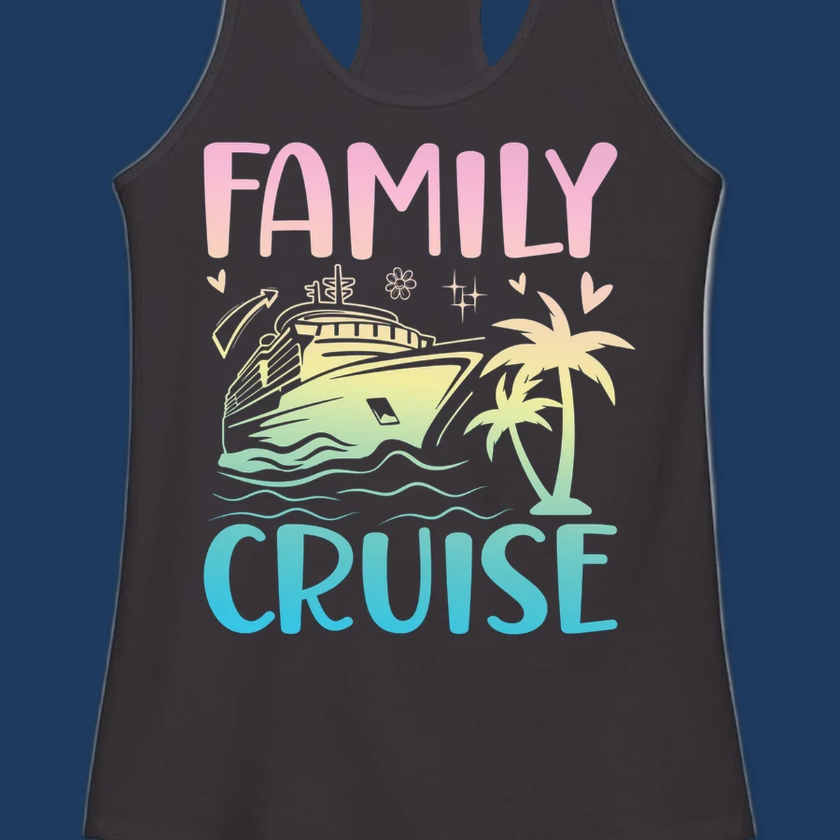 Family cruise vacation design with colorful gradient cruise ship, palm trees, ocean waves, hearts and sparkles illustration