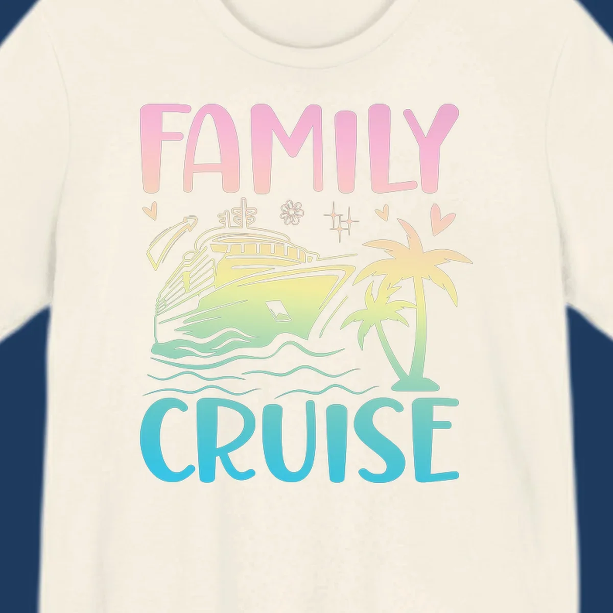 Family cruise vacation design with colorful gradient cruise ship, palm trees, ocean waves, hearts and sparkles illustration